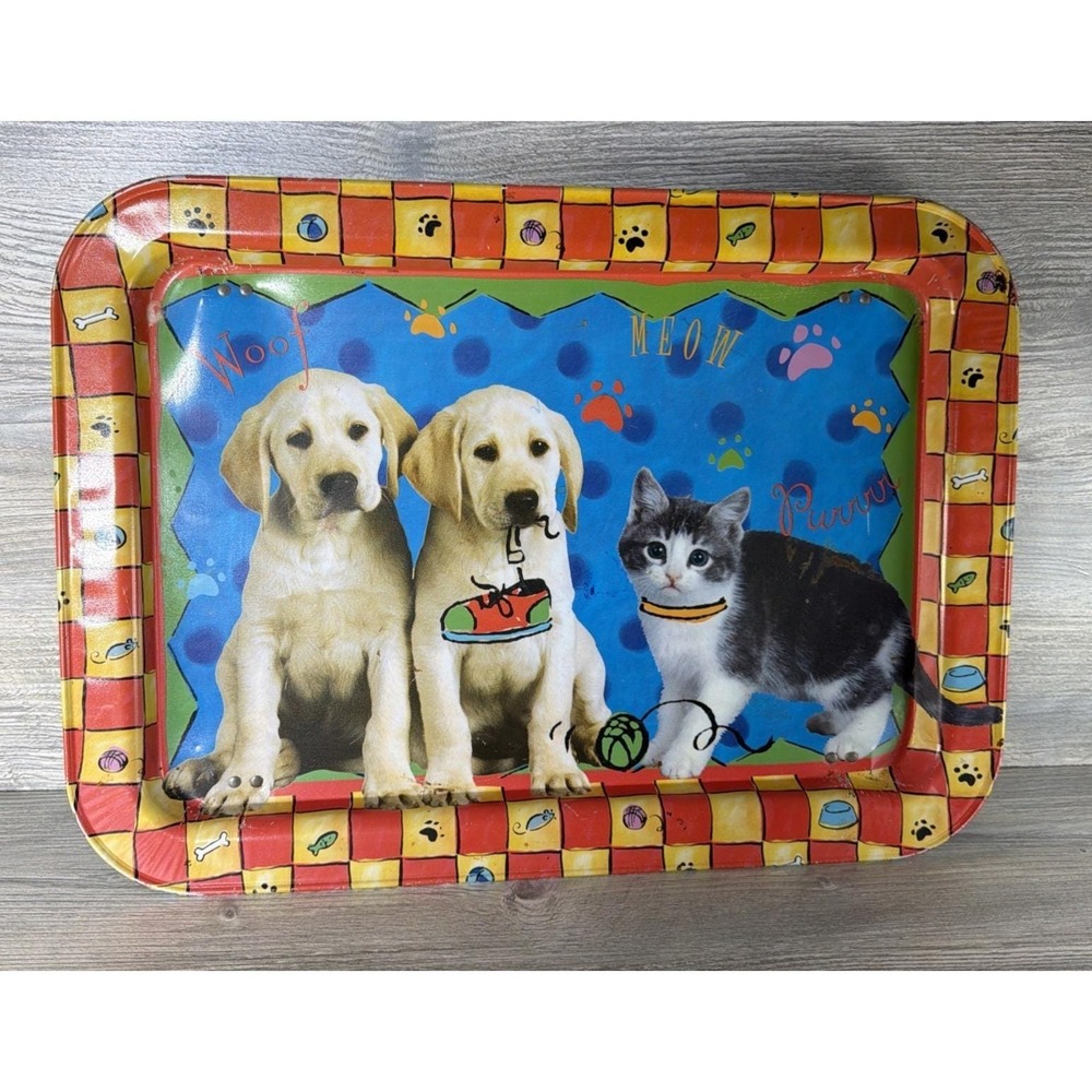 Vtg 90s Fold Up Metal Floor Lap TV Food Bed Tray Puppies Kittens Labradors Retro